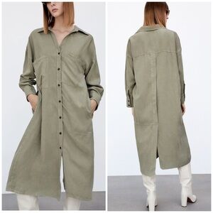 Zara Green Linen Blend Summer coat -Shirt Dress with Pockets Size S